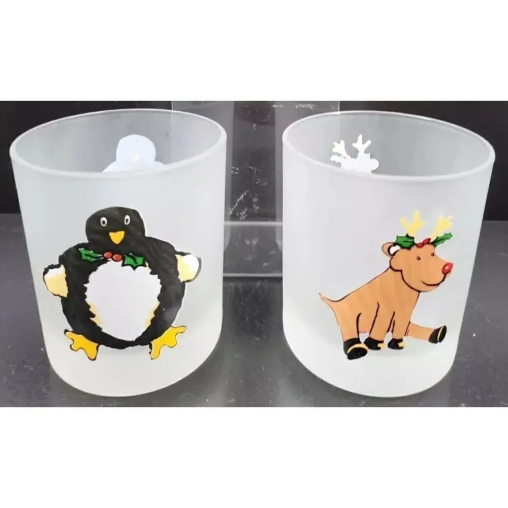 2 Dartington France Frosted Christmas Old Fashioned Glasses Reindeer /Penguin